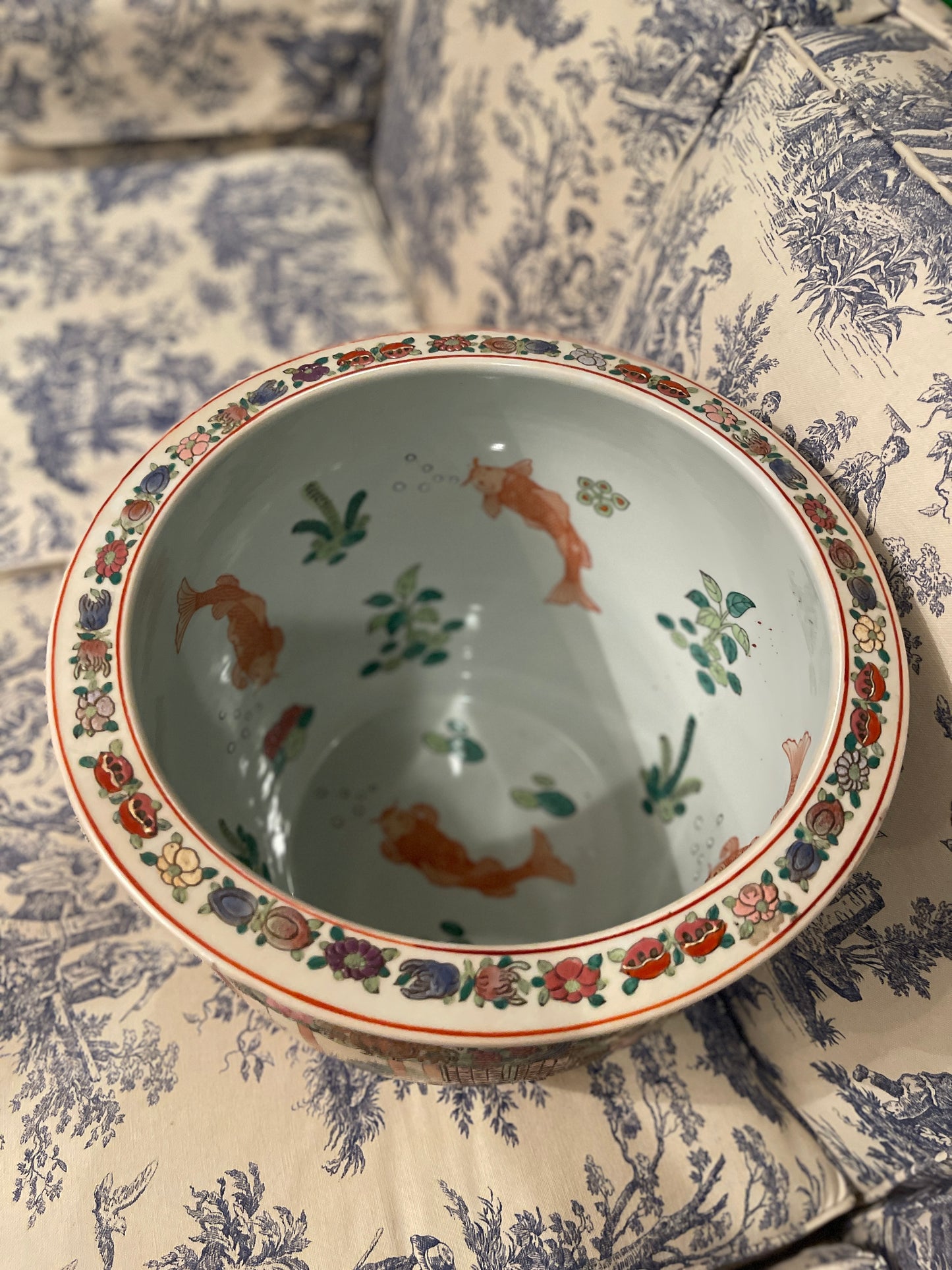 Vintage Rose Medallion Fishbowl Cachepot Planter – Christmas Tree Vessel & Year-Round Chinoiserie Elegance
