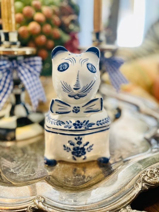 Blue and White Cat with Bow Tie Lidded Dish, Made in Portugal