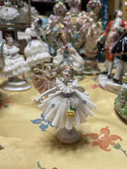 Sweet German Porcelain Dresden-Style Lace Dancer Figurine | Vintage European Porcelain | Applied Flowers