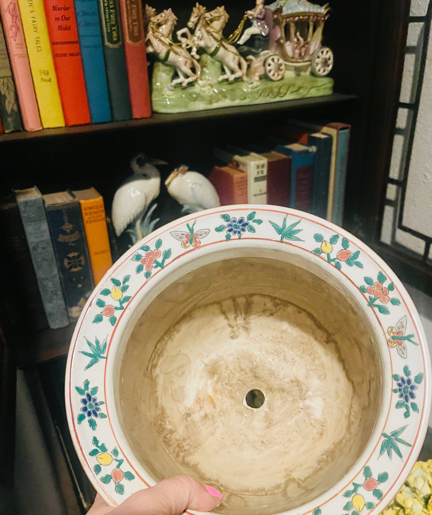 Vintage Chinoiserie Rose Canton Cachepot with Saucer- TWO AVAILABLE
