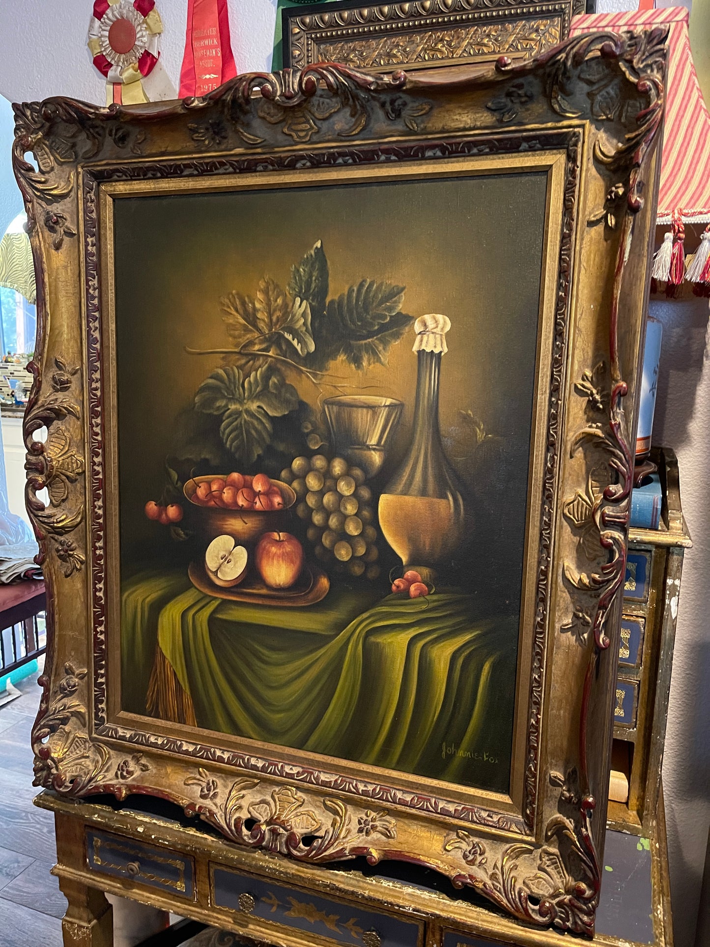 Mid 20th Century Fruit and Chianti Still Life Oil Painting, Ornate Gold Frame