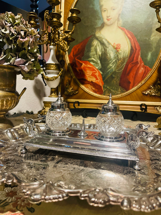 Classic Silver Plate and Cut Crystal Ink Well, Estate Decor