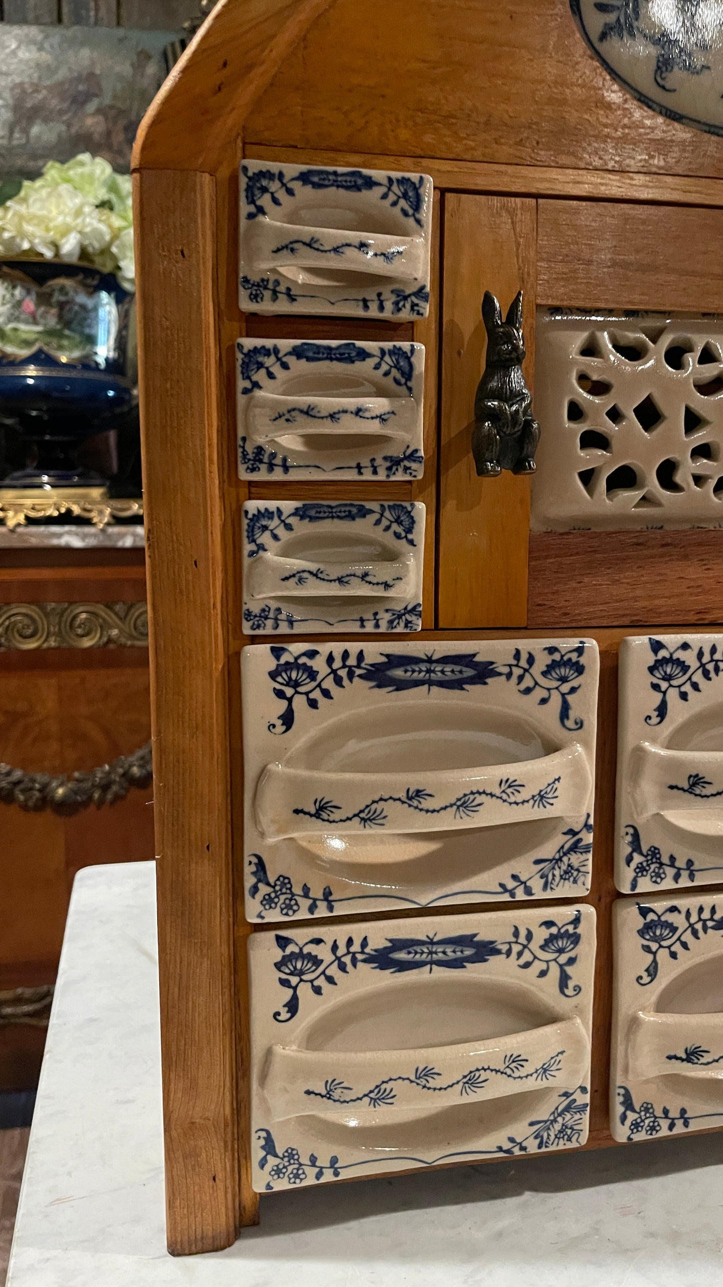 Early 20th-Century European Blue & White Ceramic Drawer Spice Cabinet | Blue Onion Style