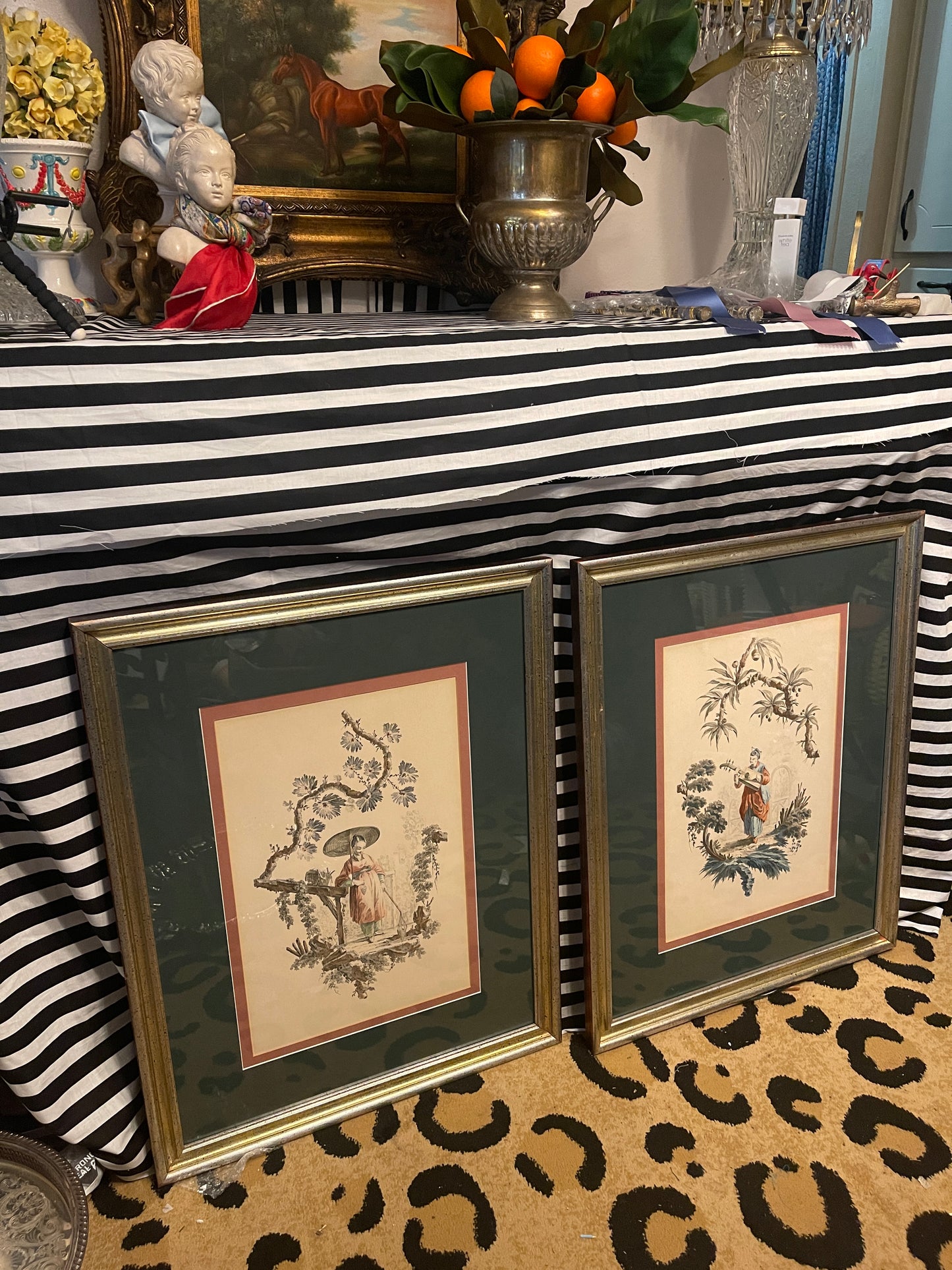 Chinoiserie Lithographs, Hand Colored, Custom Framed