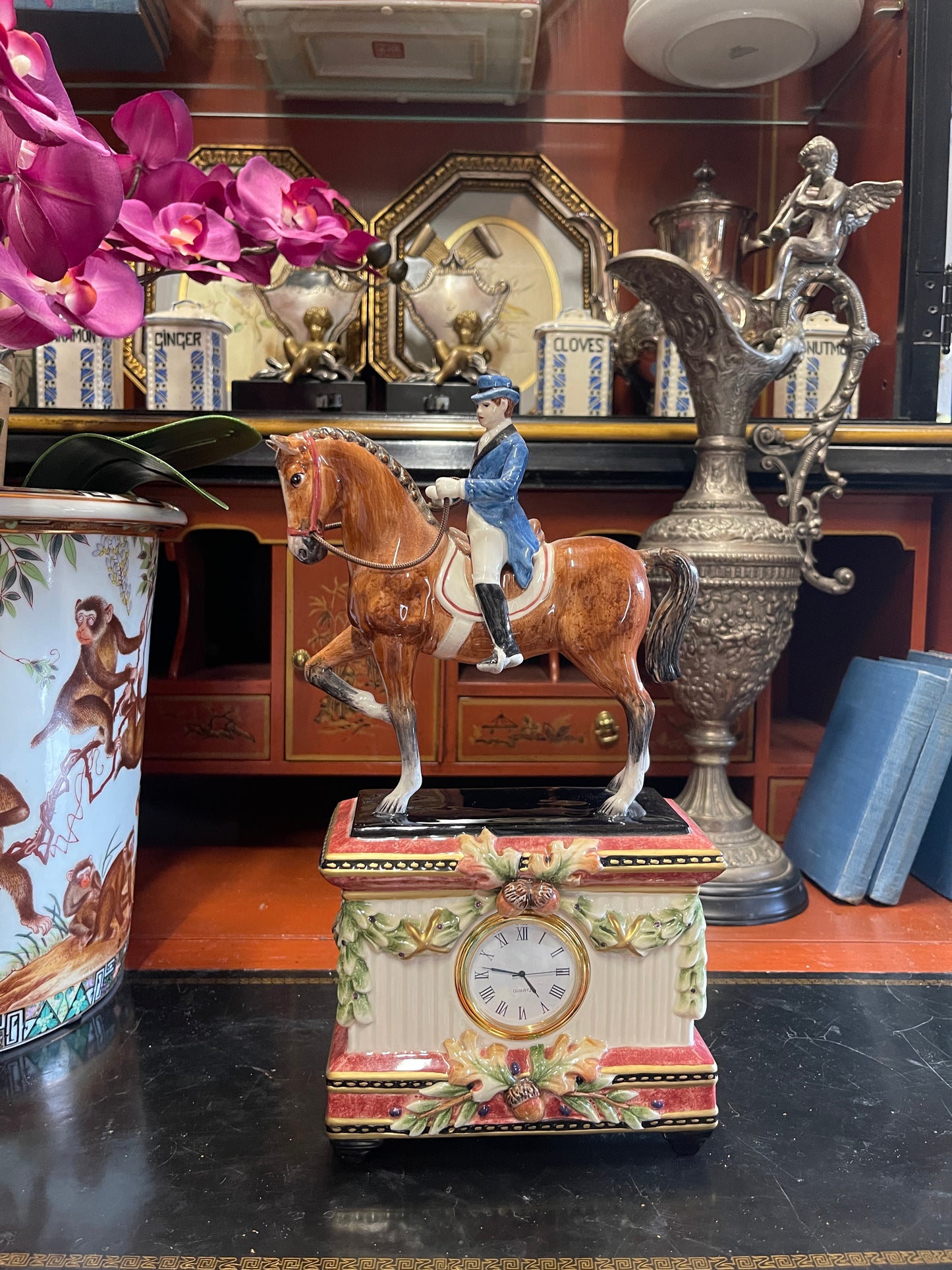 Fitz and Floyd Equestrian Clock Sculpture – Dressage Horse and Rider Figurine