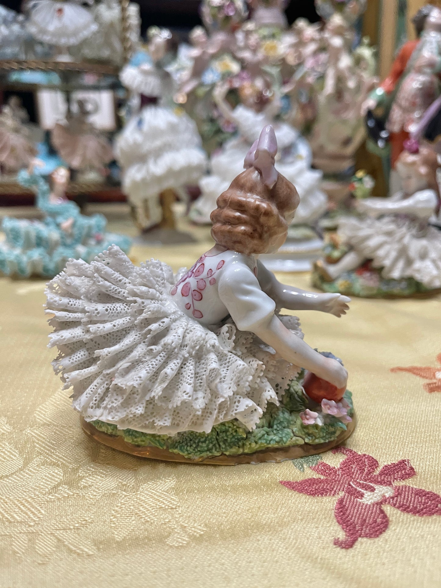 Vintage German Porcelain Dresden-Style Lace Playing Girl Figurine with Bow