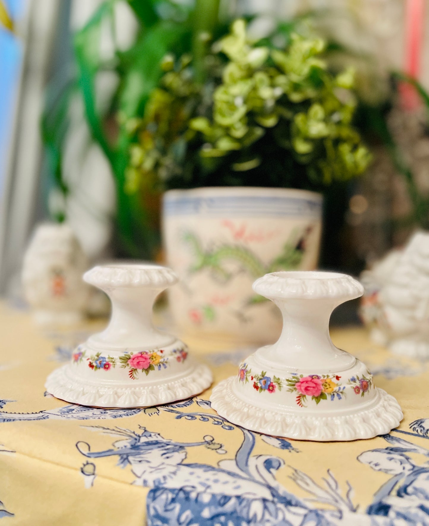 Pair of Vintage English Fine Bone China Floral Bouquet Candlesticks, Estate Decor