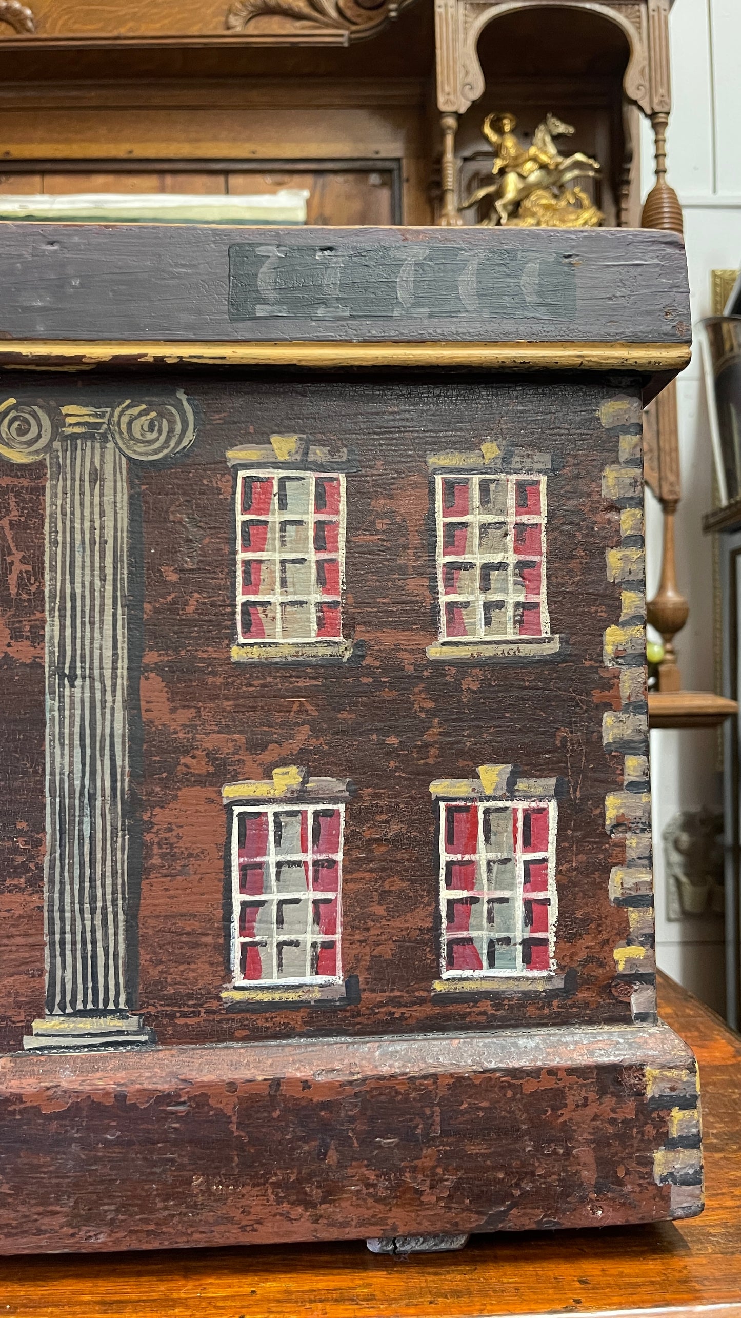 ENGLISH PAINT-DECORATED HOUSE FACADE PINE BLANKET BOX / STORAGE CHEST