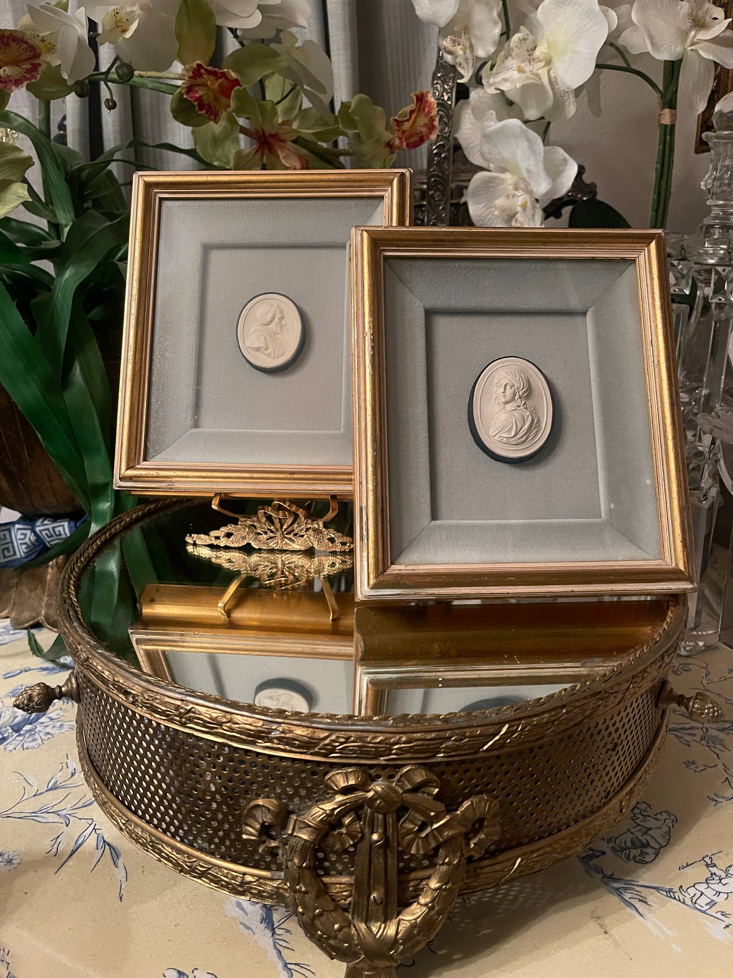 Vintage Pair of Framed Intaglios, French Blue Matting, Professionally Framed