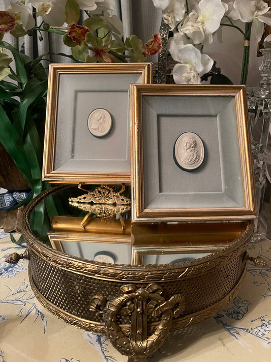 Vintage Pair of Framed Intaglios, French Blue Matting, Professionally Framed