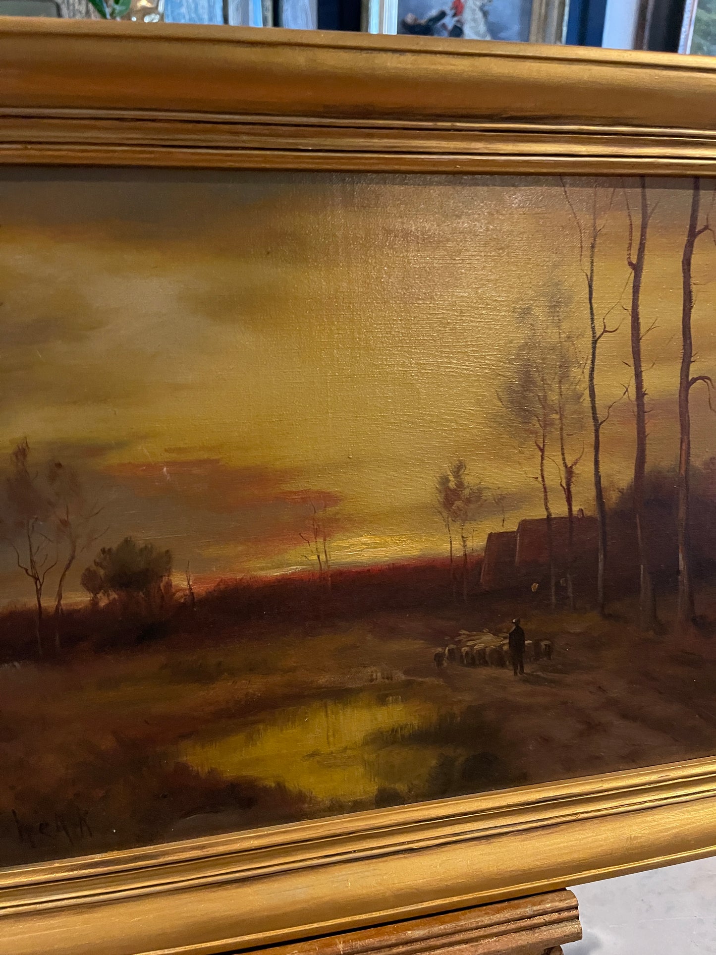 Moody Pastoral Sunset Landscape | Signed Antique Oil
