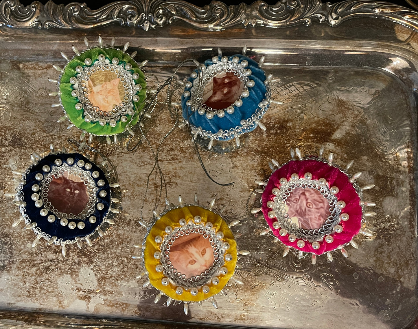 Set of 5 Multi Colored Velvet, Pearl, and Silver Push Pin Christmas Ornaments-Pink, Navy, Gold, Green, and Turquoisey Blue with Silver and Pearl, TWO SETS AVAILABLE