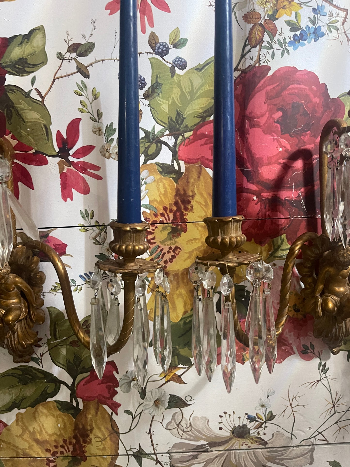 Antique Victorian Putti Wall Sconces With Crystal Prisms — Ornate Brass Cherub Candle Sconces (Pair)