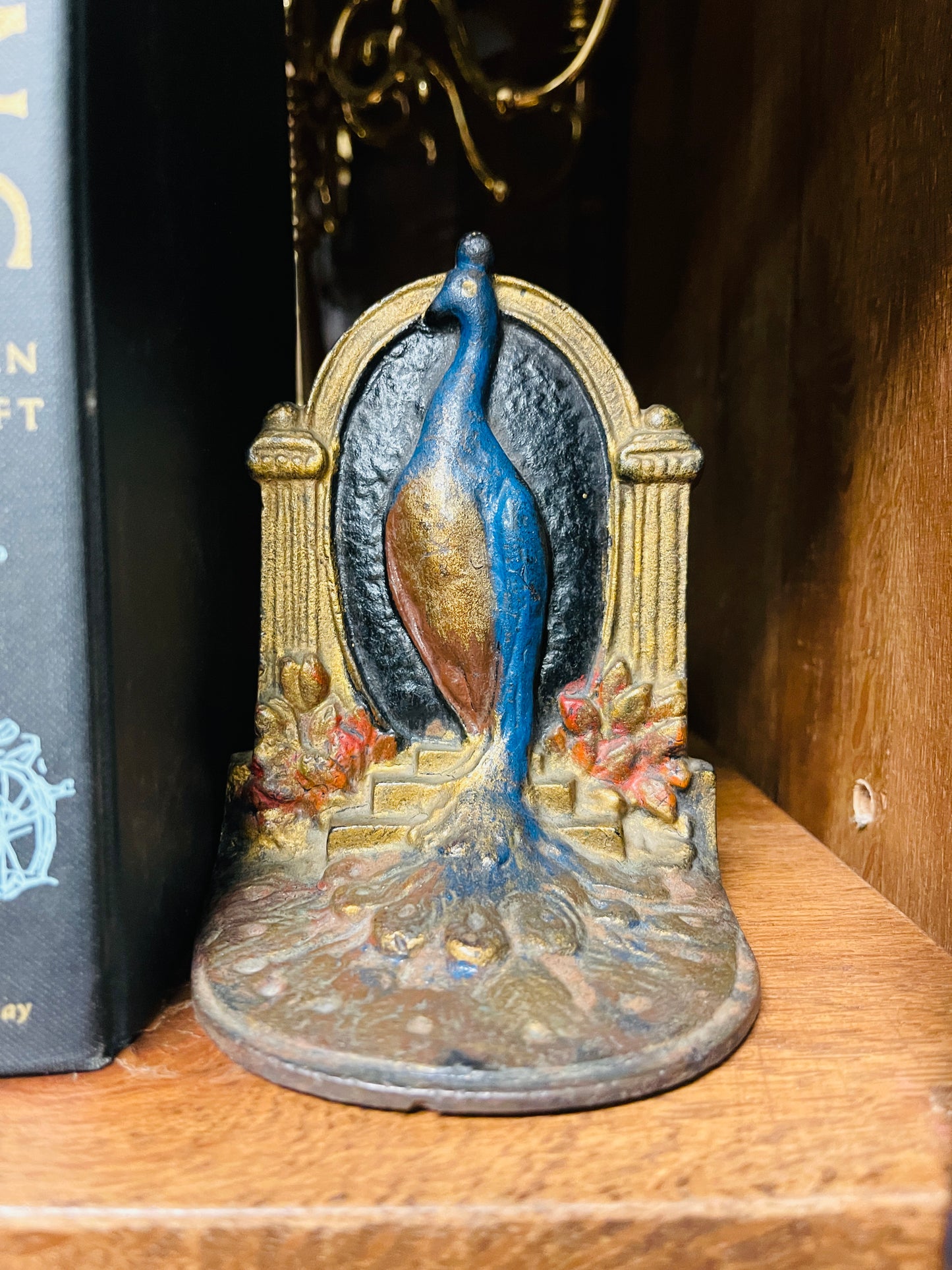 Vintage Art Nouveau Peacock Bookends, Hand Painted Cast Iron