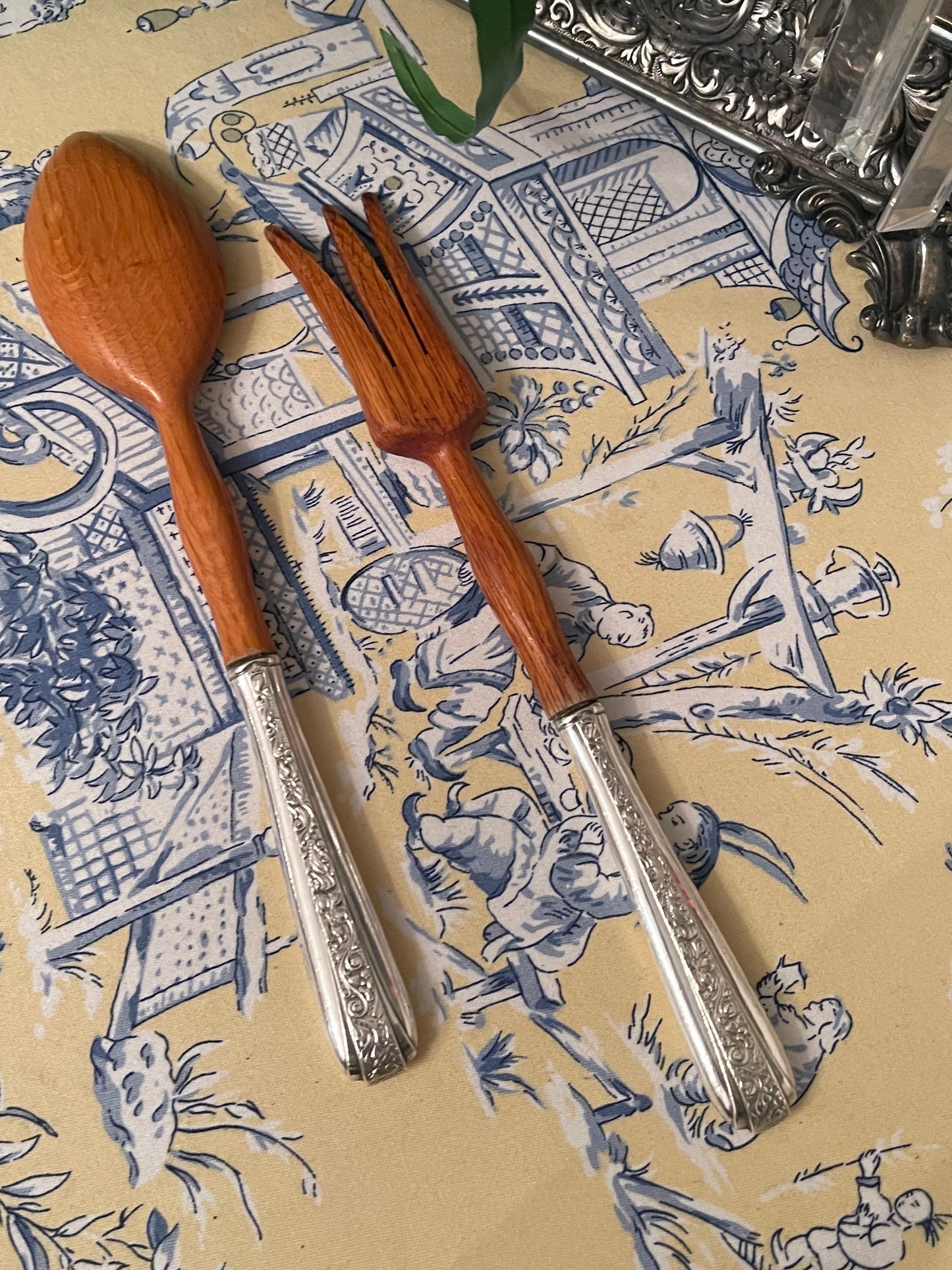 Vintage Sterling Silver and Wood Salad Fork and Spoon Serving Set