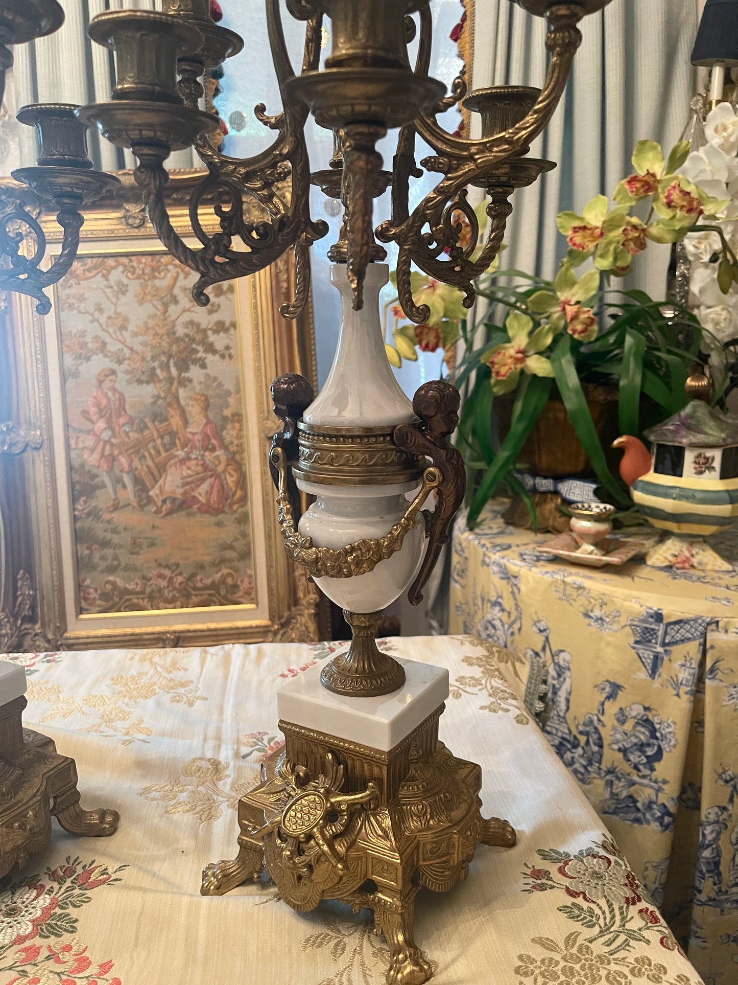 Italian Gilt and Cherub and Acanthus Alabaster Marble and Bronze Candelabras, Pair,