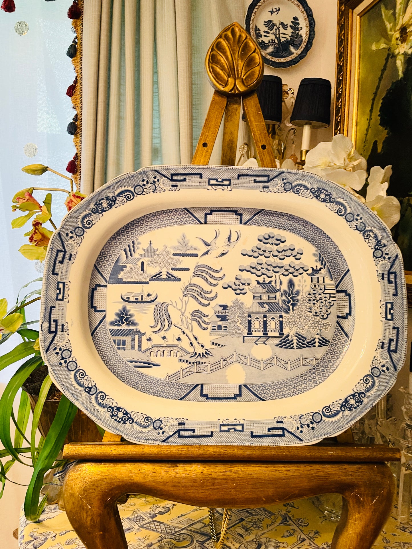 Antique English Blue Willow Platter – 20” Giant Serving Dish with Light Blue Transferware