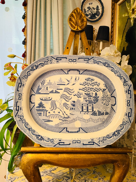 Antique English Blue Willow Platter – 20” Giant Serving Dish with Light Blue Transferware