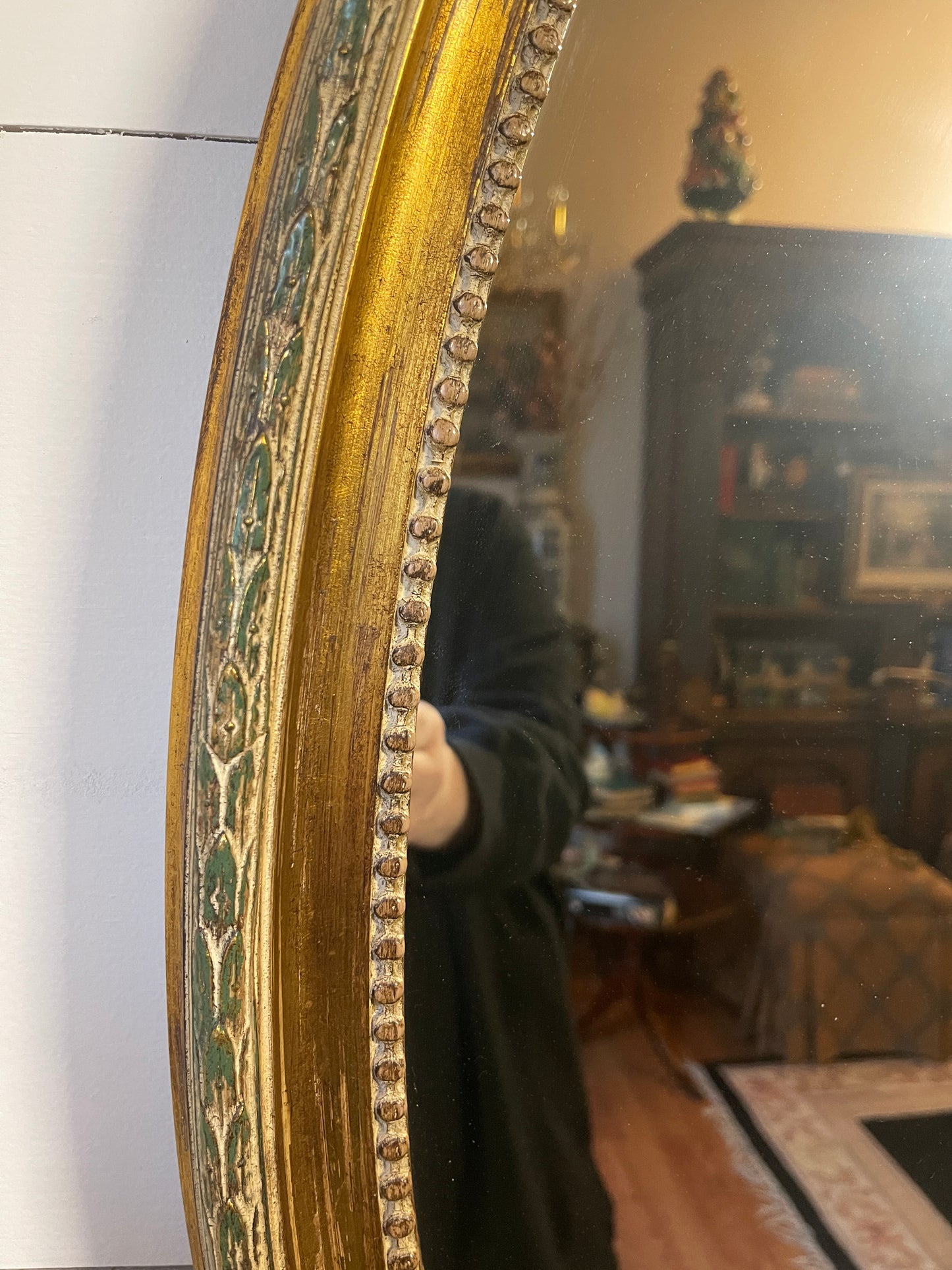 Vintage Empire Napoleon III Mirror with Carved Quiver and Torch, Laurel Wreath and Tassels, Jewel Toned Detail,