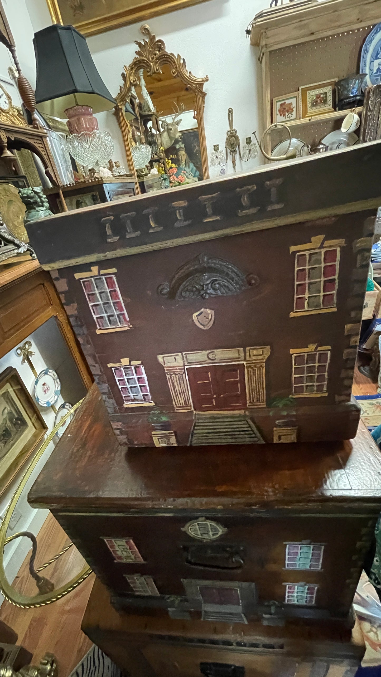 ENGLISH PAINT-DECORATED HOUSE FACADE PINE BLANKET BOX / STORAGE CHEST
