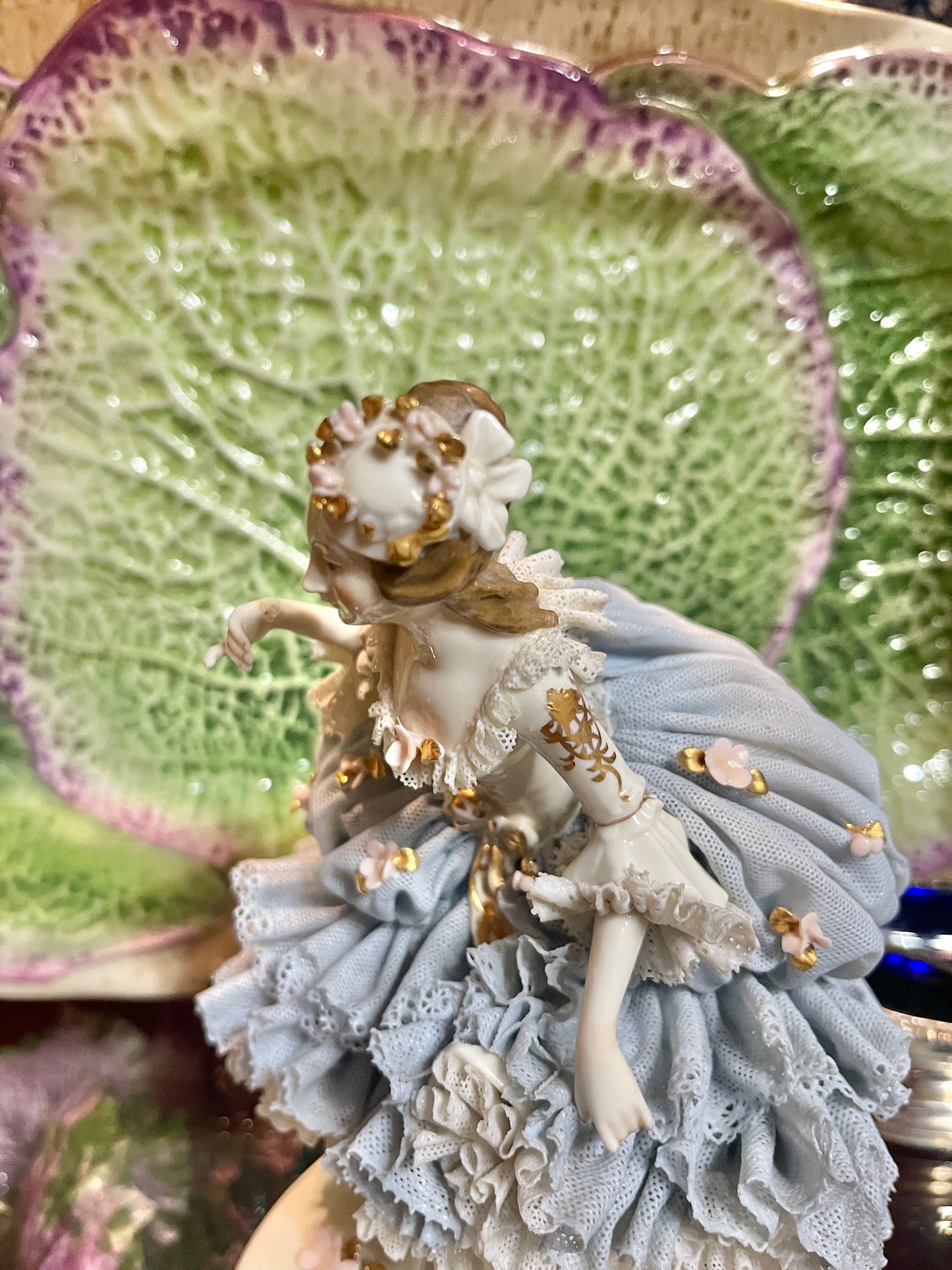 Vintage German Porcelain Dresden-Style Lace Lady Figurine | Volkstedt Style | Blue & White with Bows & Gilding
