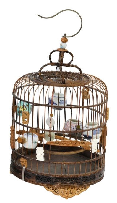 Antique Chinese Bamboo Bird Cage with Hand-Painted Porcelain Feeders