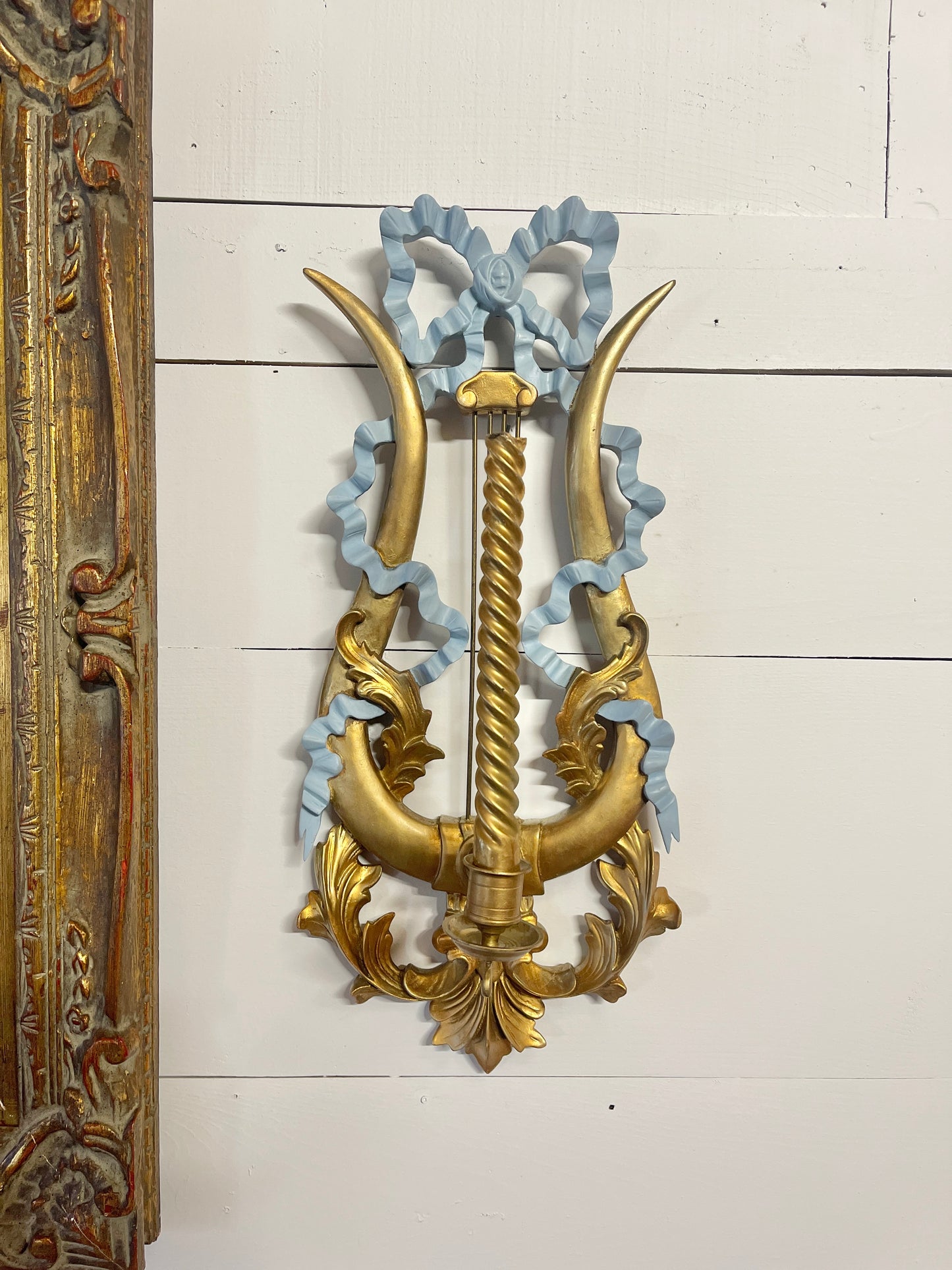 Italian Giltwood Lyre Sconces with Cascading French Blue Bows, Vintage