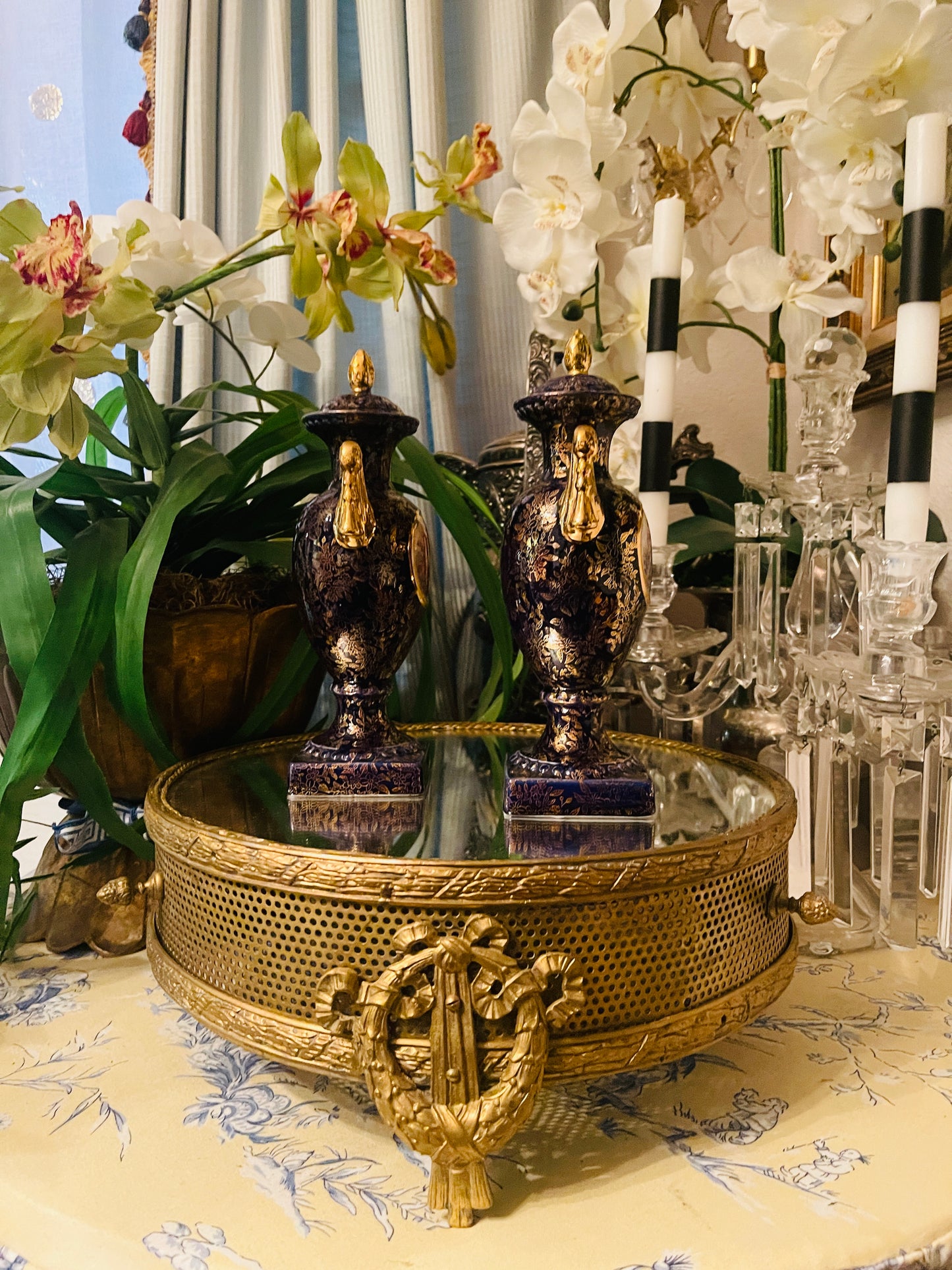 Vintage English Empire Ware Porcelain Urns – Neoclassical Gilt Transferware, Made in England