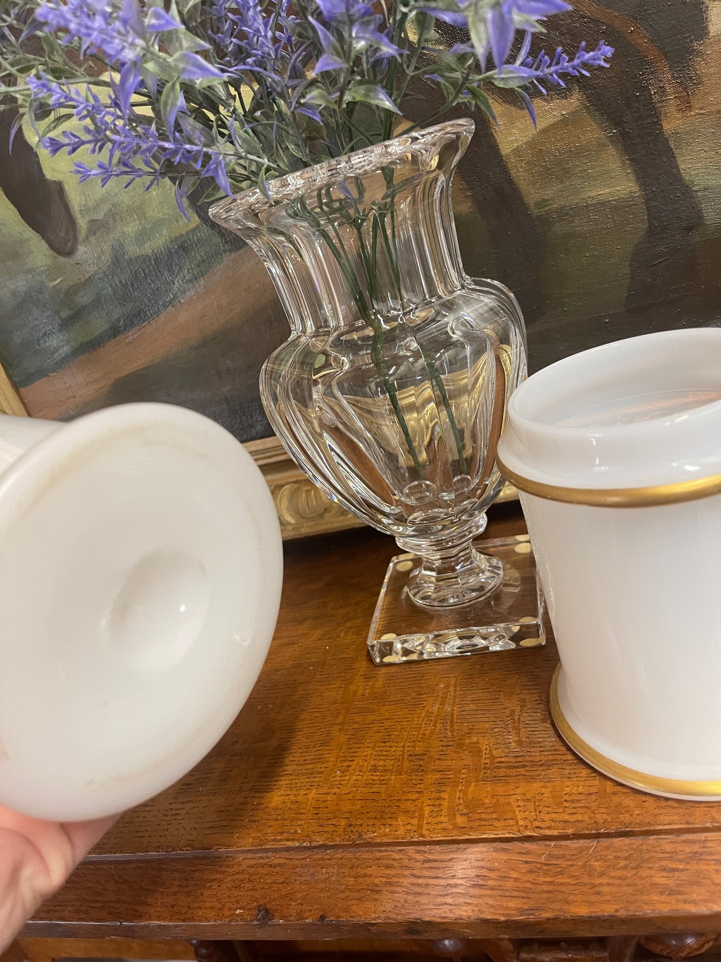 Vintage French Opaline Apothecary Jar, White with Gold Accents, Two Available