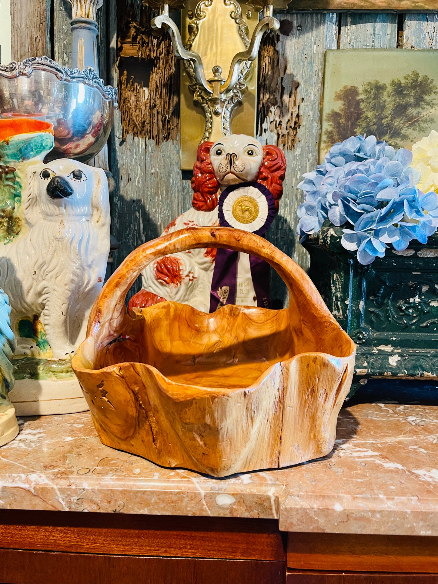 Vintage Burl Wood Basket Bowl with Handle, Round Top Find