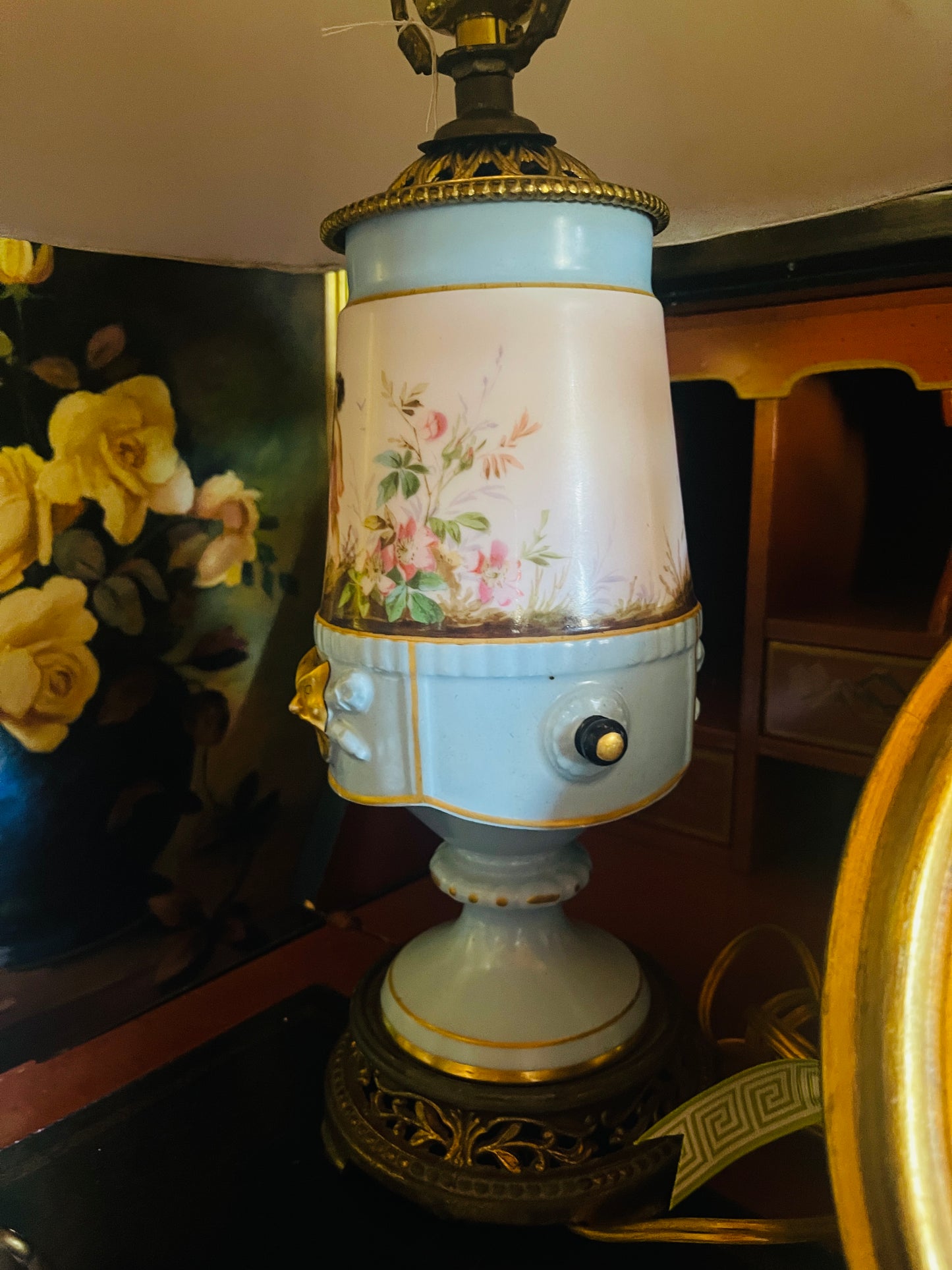 Antique French Sevres Style Porcelain Lamp – Hand-Painted Romantic Scene & Gilt Accents