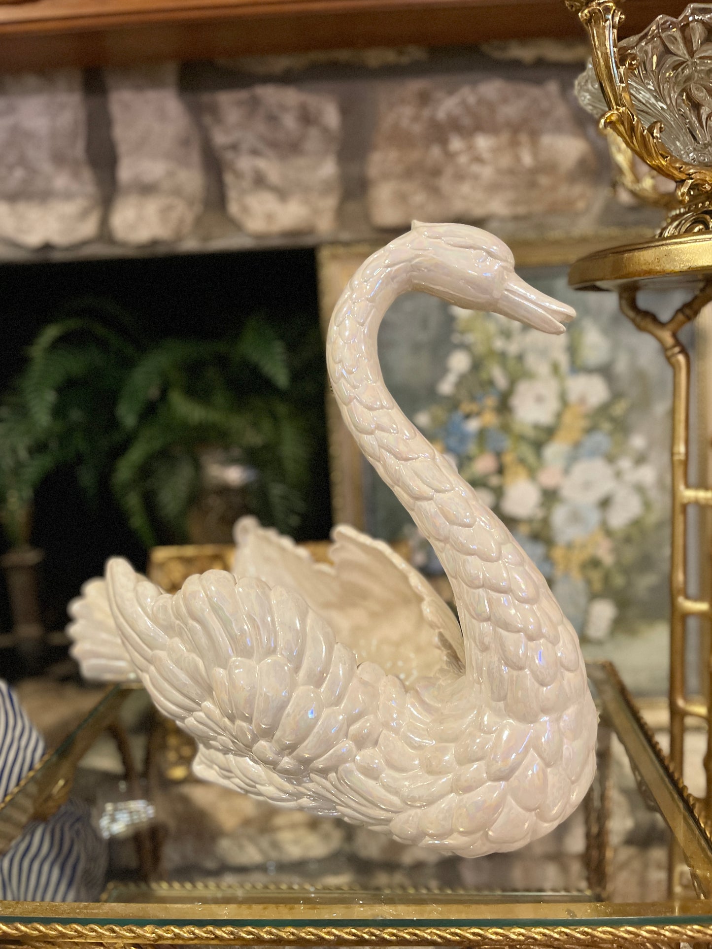 Large Ceramic Swan Planter, Iridescent Finish, Vintage