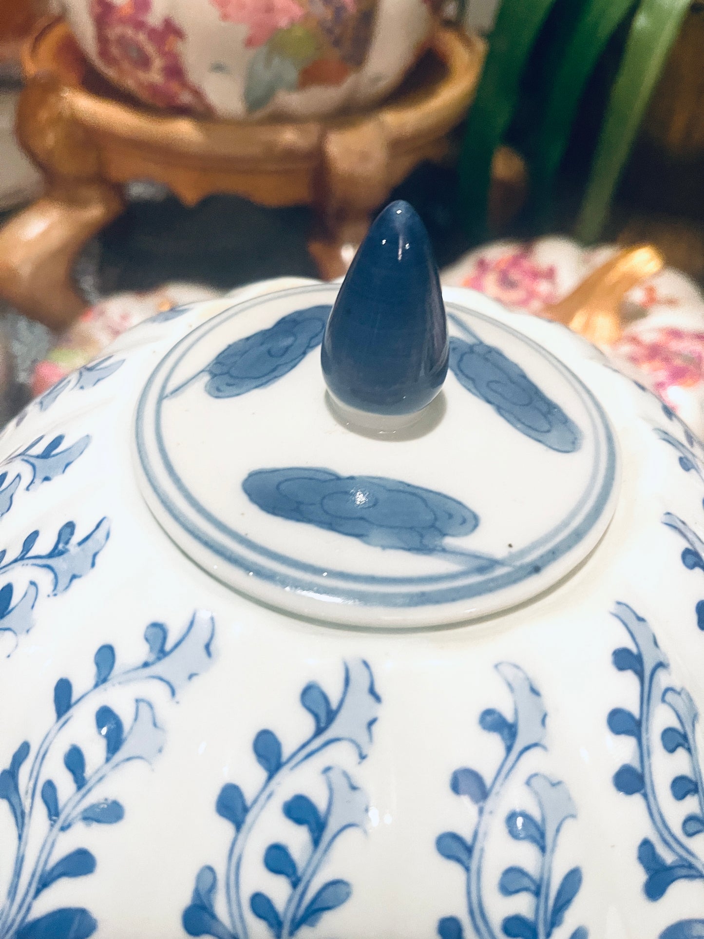 Vintage Chinoiserie Blue and White Lidded Pumpkin Tureen with Phoenix and Foo-Dragon Motif, Fantastic!!