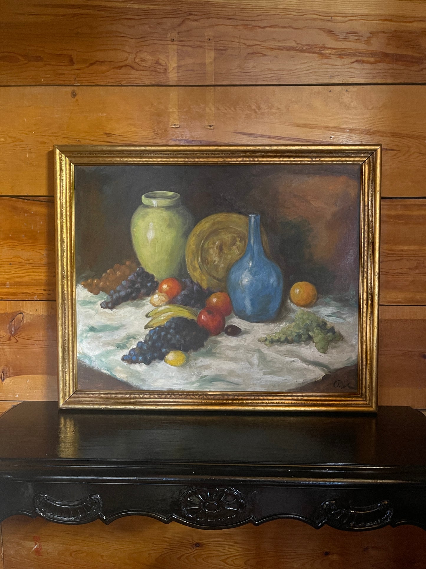 Vintage Fruit Still Life Painting with Blue and Green Vases, Framed