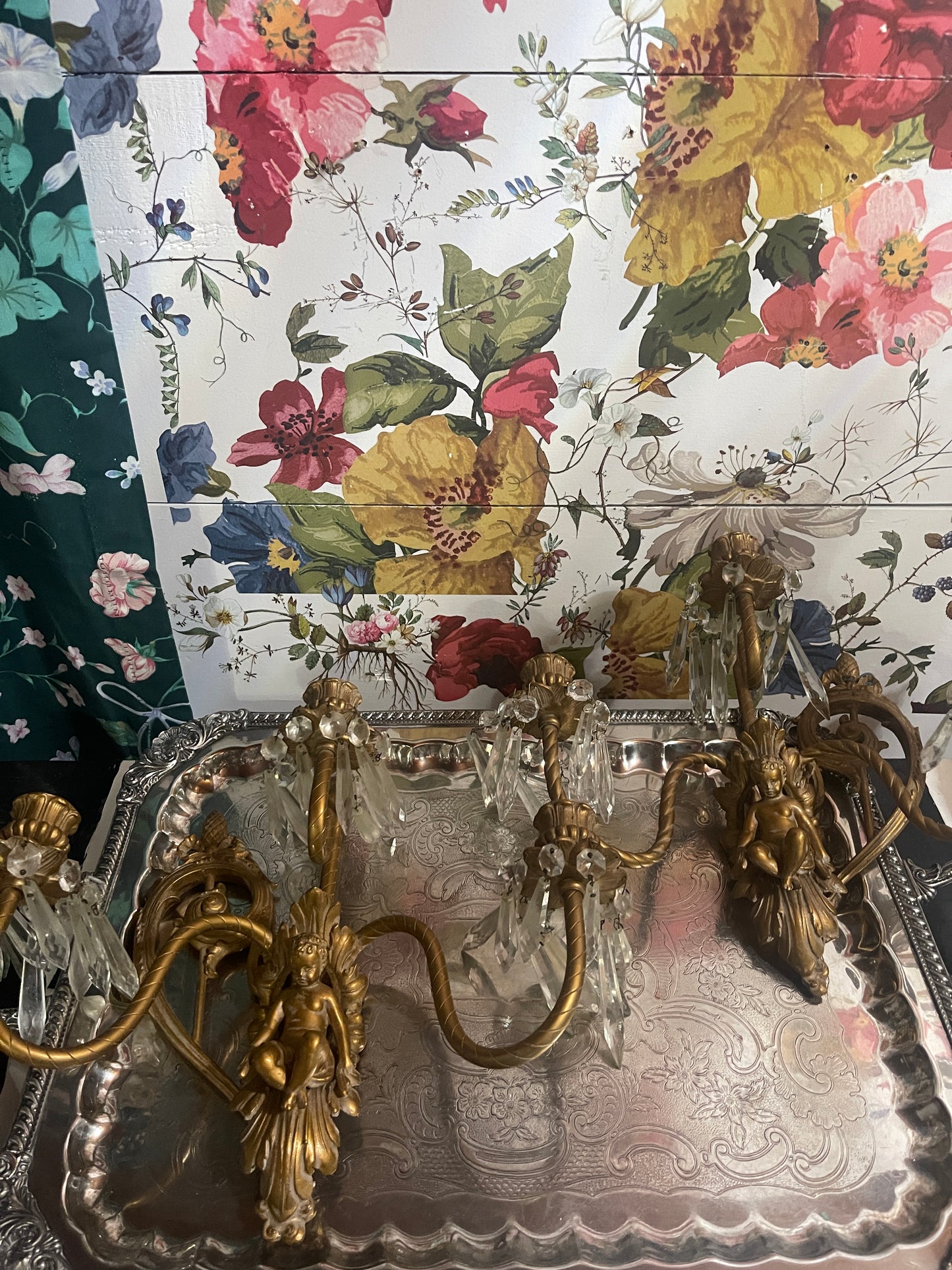 Antique Victorian Putti Wall Sconces With Crystal Prisms — Ornate Brass Cherub Candle Sconces (Pair)