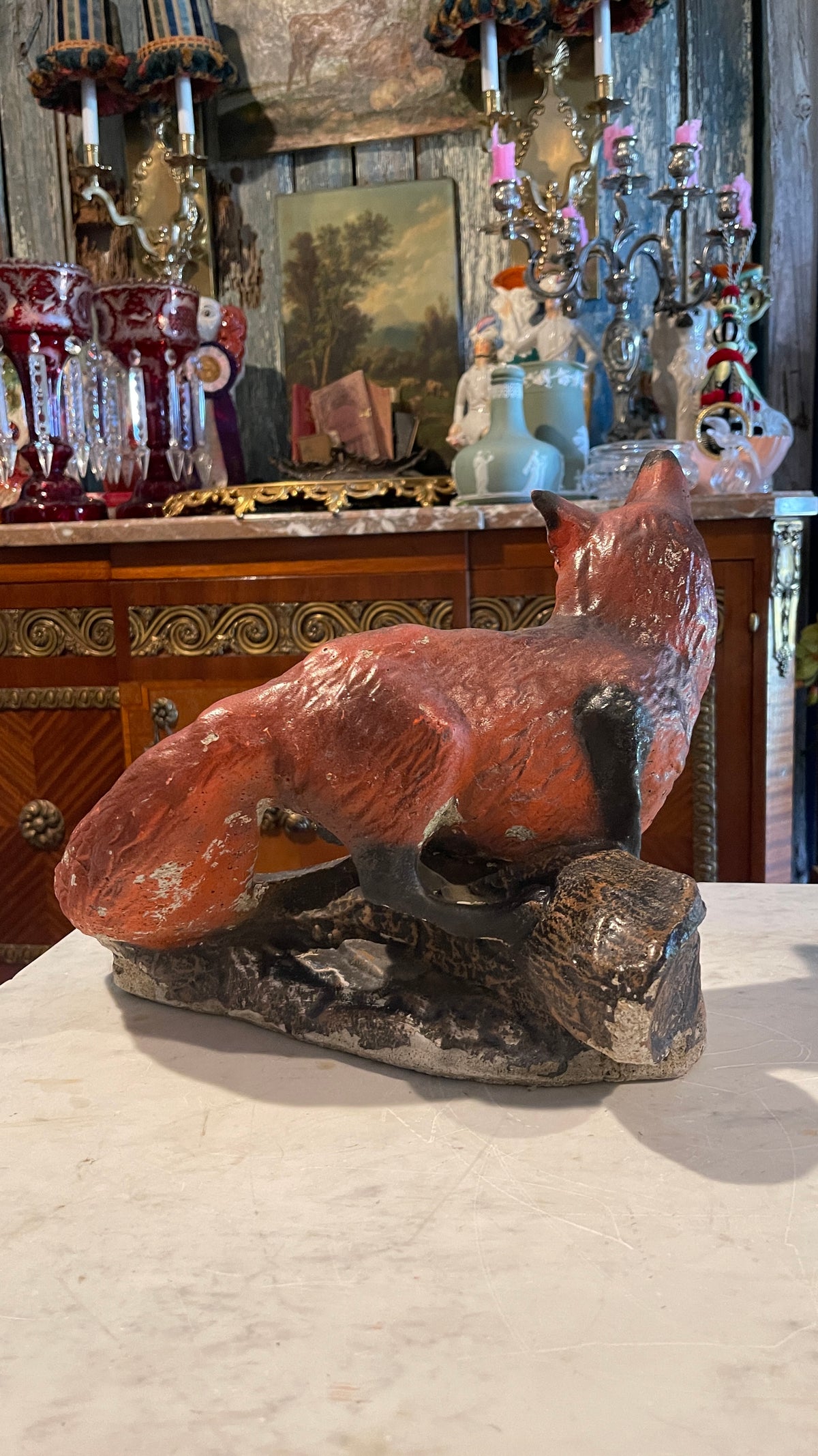 Chippy & Charming — Hand-Painted Cement Fox | 11” H × 14” L × 8” D