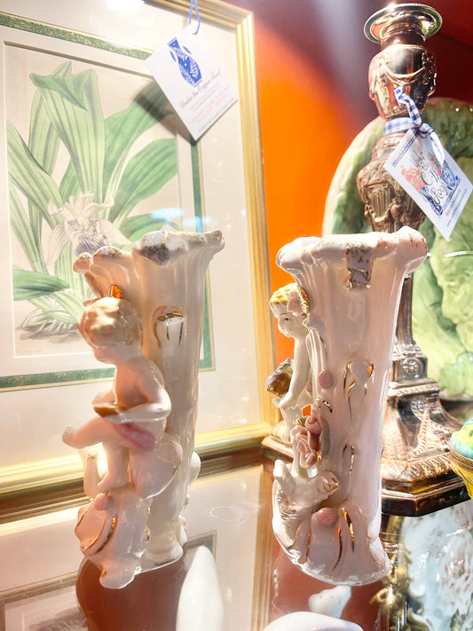 Vintage Putto and Geese Porcelain Vase Pair | Rococo Revival Mantel or Vanity Décor