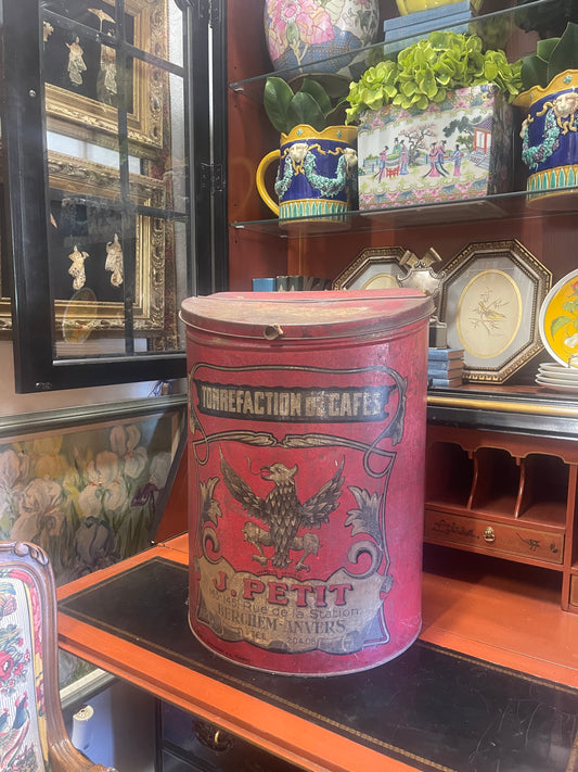 Large Antique French Coffee Tin – J. Petit “Torréfaction de Cafés” Advertising Canister from Antwerp, c. 1900