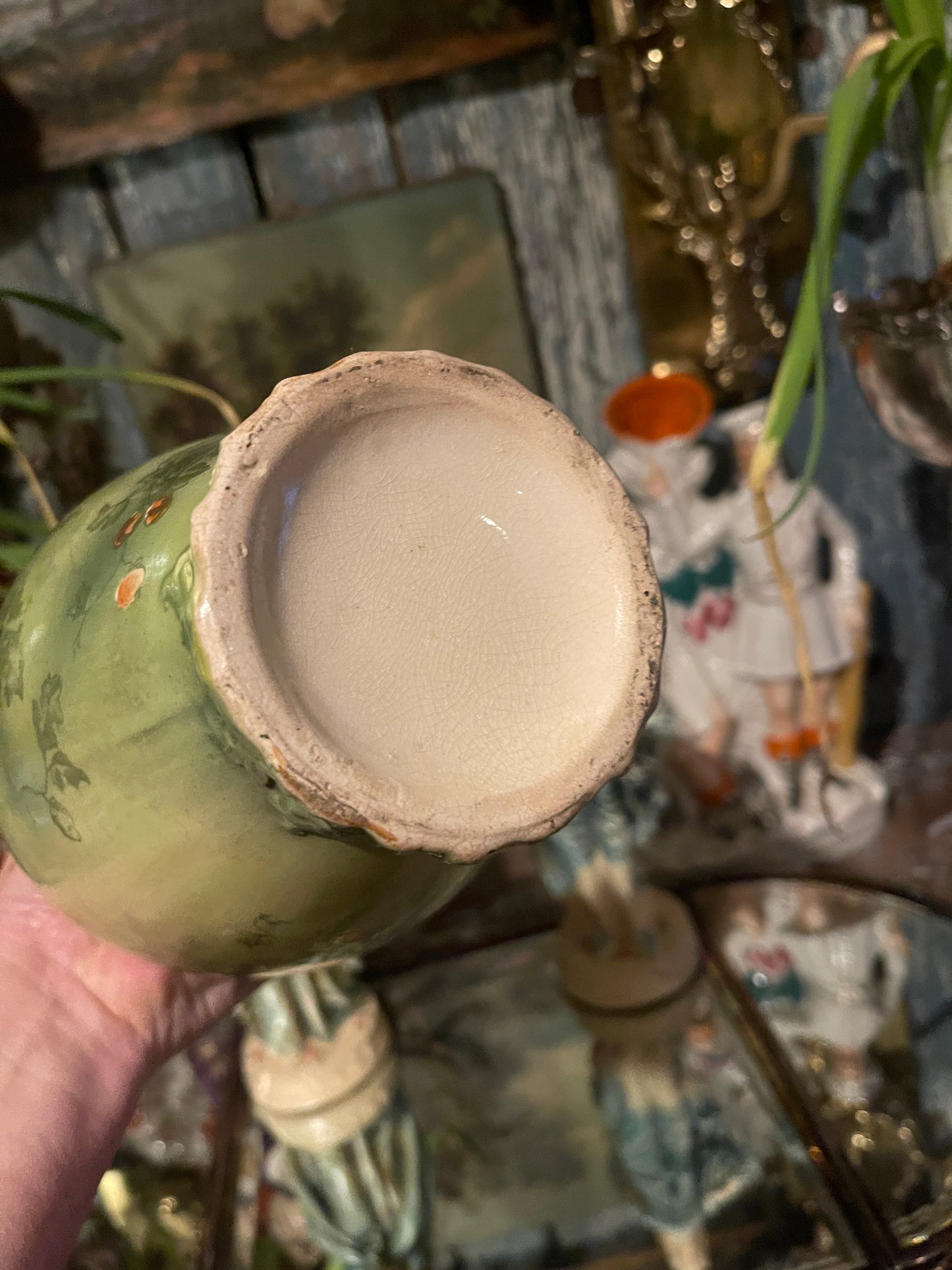 Antique Art Nouveau Green Floral Vase with Sculptural Handles | European Pottery, c. 1895–1915