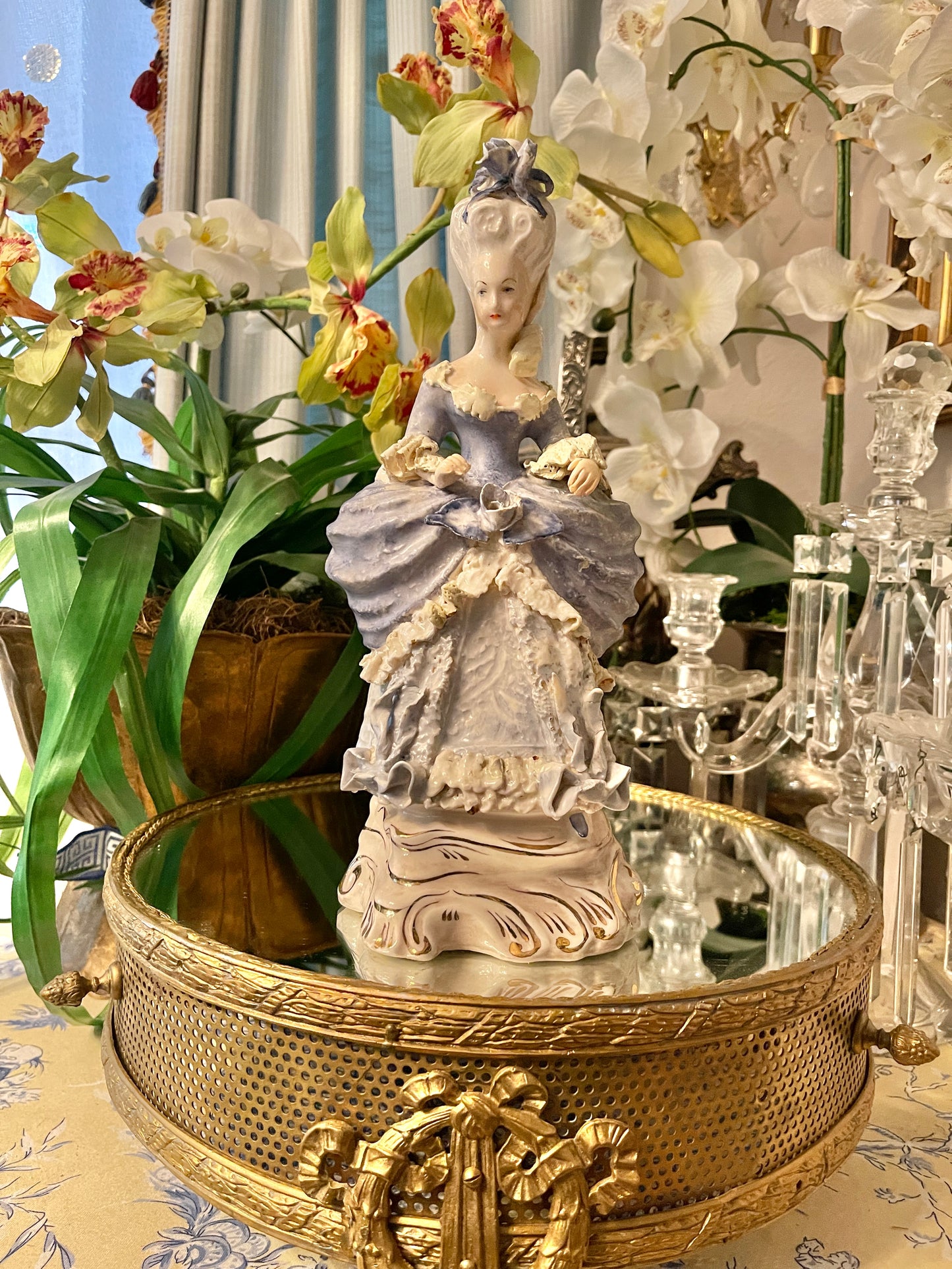 Whimsically Romantic Vintage Cordey Marie Antoinette–Inspired Rococo Lady Statuette | 11” | Blue and White with Light Blue Bows