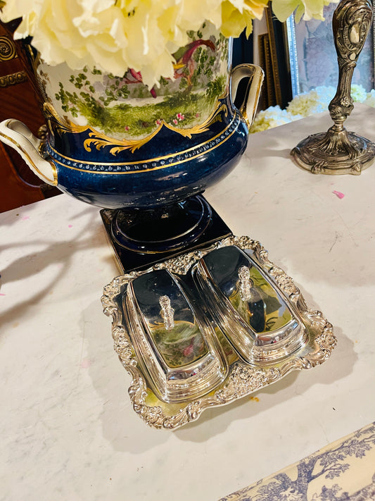 Vintage Silverplate Double Butter Dish with Covers | Footed Ornate Serving Piece | French Rococo Style Tableware