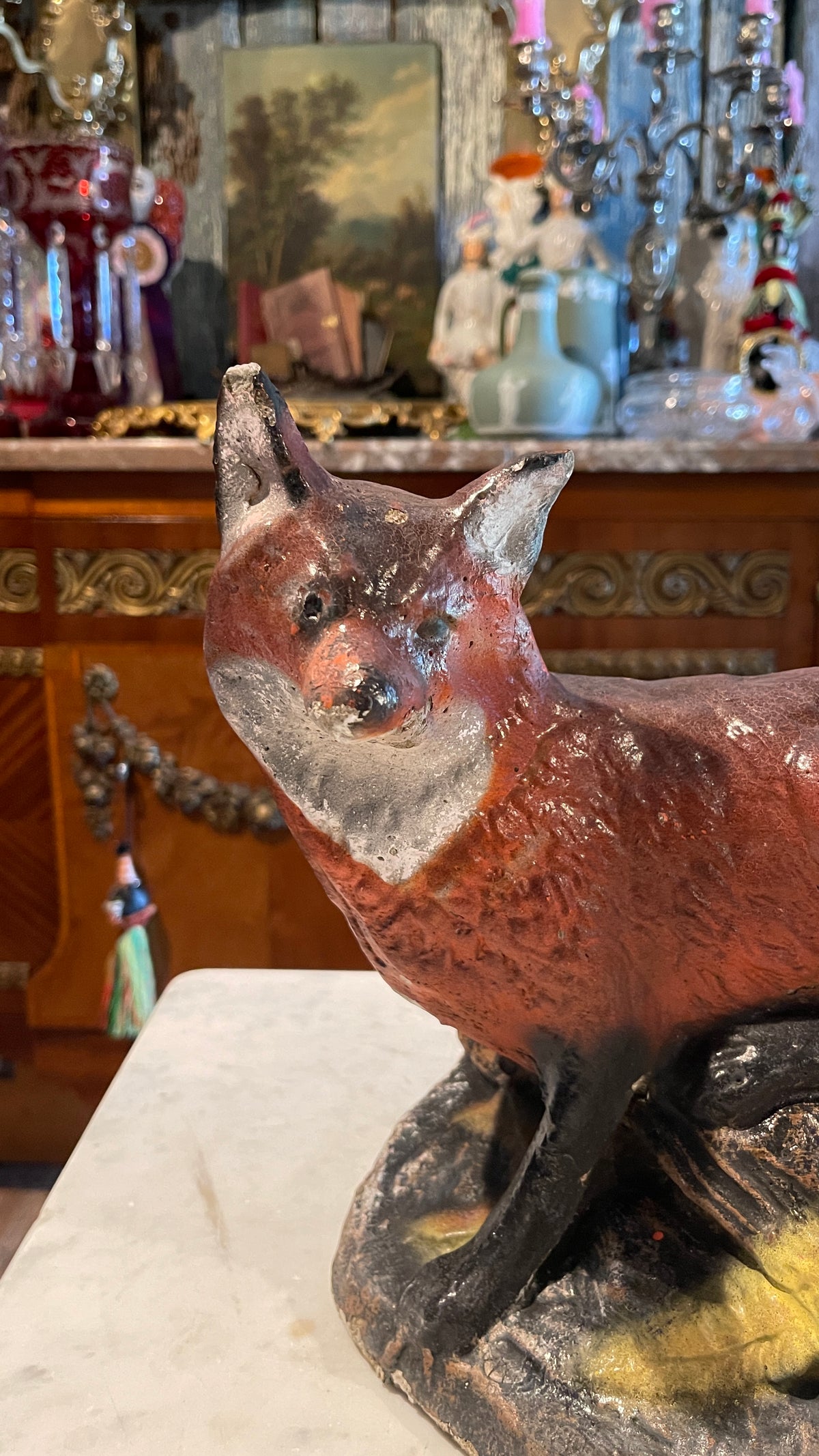 Chippy & Charming — Hand-Painted Cement Fox | 11” H × 14” L × 8” D