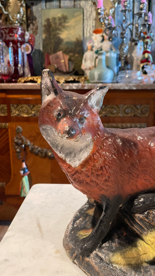 Chippy & Charming — Hand-Painted Cement Fox | 11” H × 14” L × 8” D