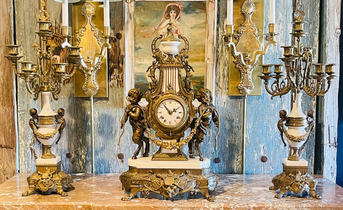 Italian Bronze & Marble Candelabra Clock Garniture Set, Putti & Neoclassical Cherub Motifs, Gilded Age Grandeur