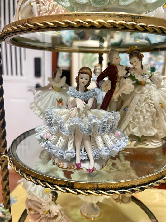 German Porcelain Dresden-Style Lace Sitting Figurine | Vintage European Porcelain