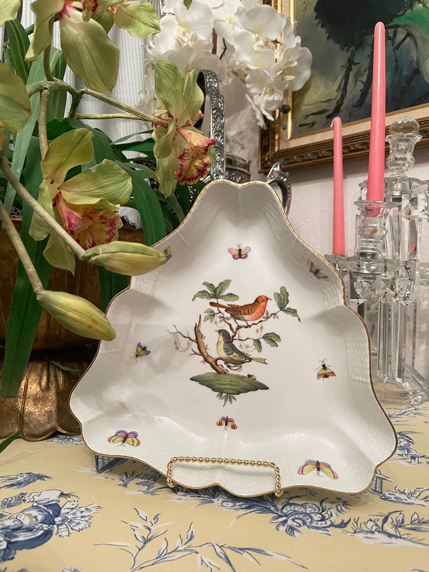 Vintage Herend Rothschild Bird Hand Painted Scalloped Triangle Dish