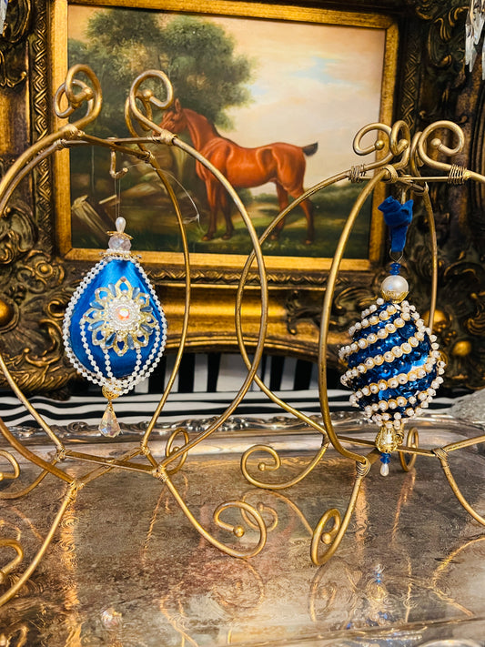 Cobalt Blue and White Victorian Push Pin Christmas Ornaments, Set of 2