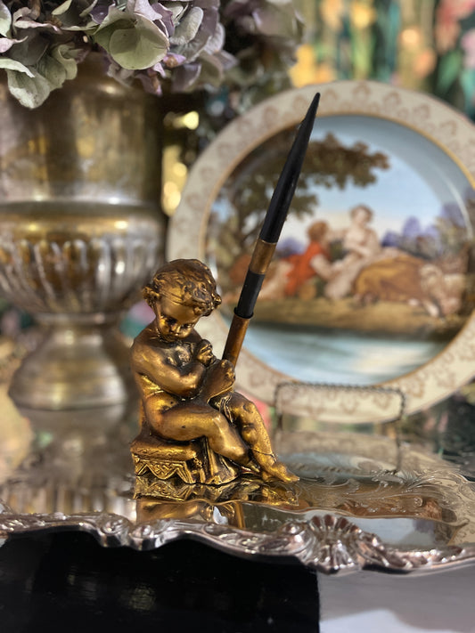 Vintage Hollywood Regency Cherub Putto Pen Holder