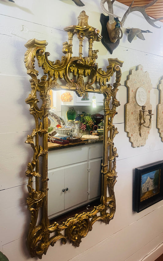 Vintage Chinese Chippendale Style Pagoda Mirror, Chinoiserie Rocoo Revival Style  – Ornate Gilt Molded Frame *PICK UP ONLY*