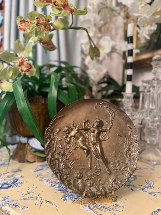 Antique Art Nouveau Gilt Relief Figural Bronze Plaque, Frolicking Naiads in Lily Pads and Reeds